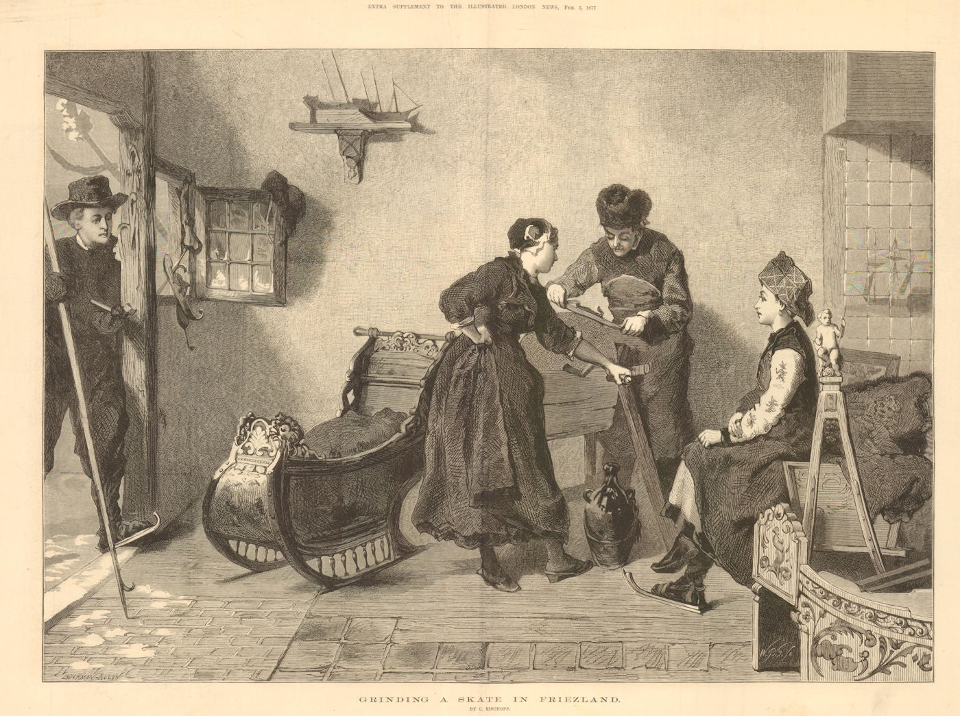 Grinding an ice skate in Friesland. Netherlands 1877 old antique print picture